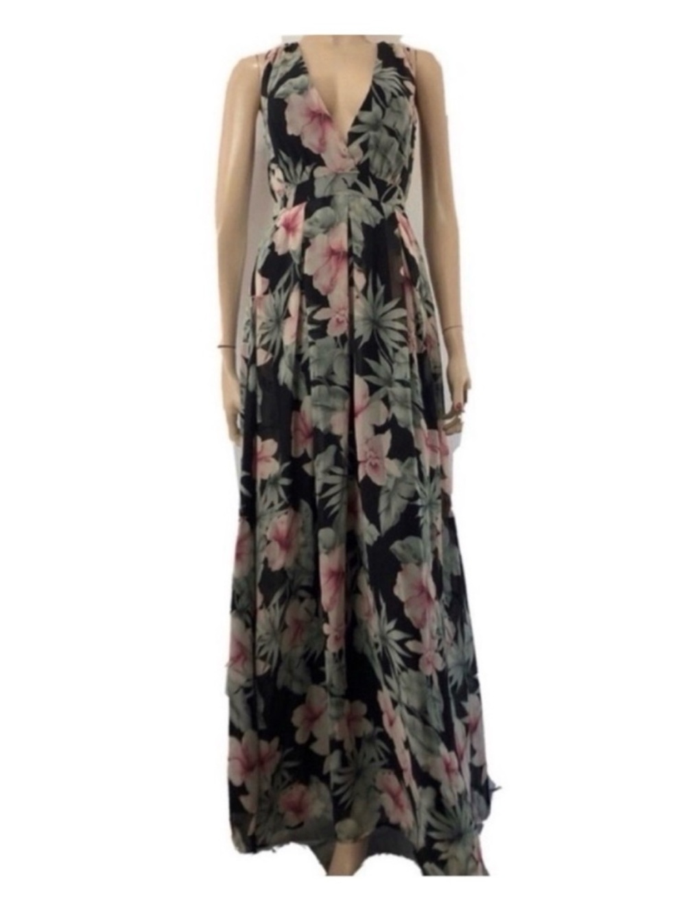 Lulu's Black Floral V-Neck Maxi Dress with Pink Blossoms
